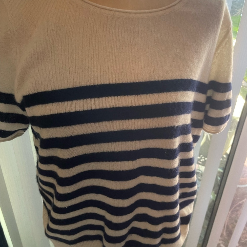 Rachel Zoe Cream and Navy Striped Short-Sleeve Cashmere Top